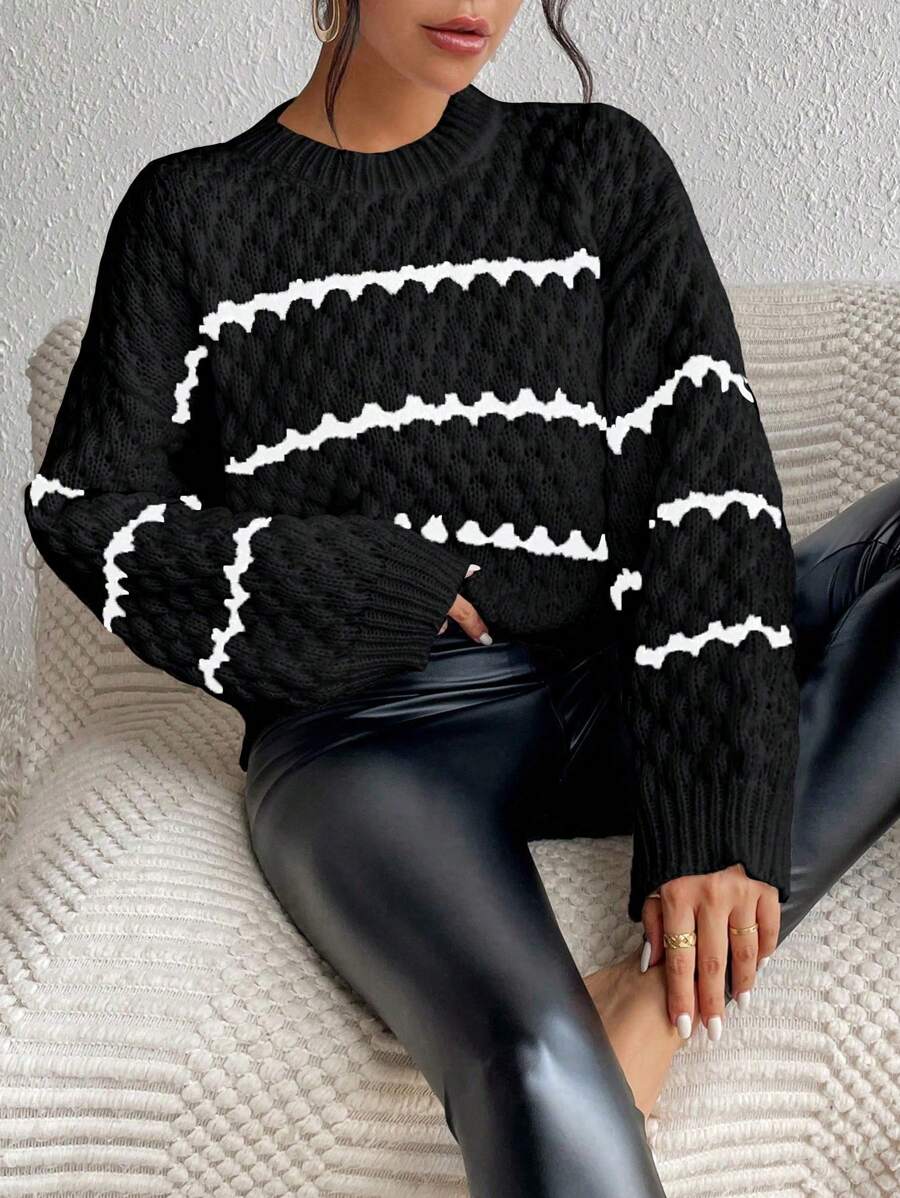 SHEIN Unity Striped Pattern Drop Shoulder Sweater,Long Sleeve Tops Knit Pullover Fall Winter Sweater