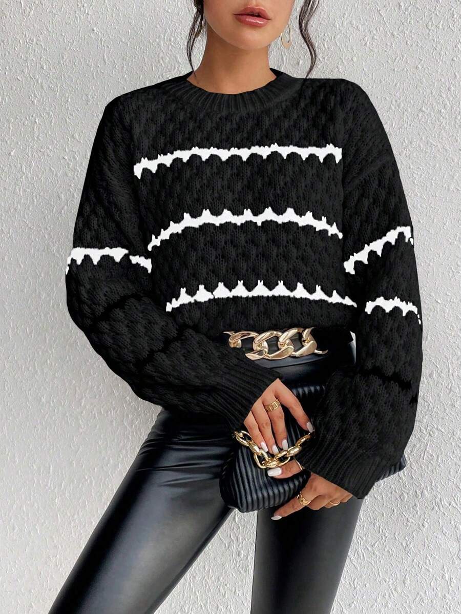 SHEIN Unity Striped Pattern Drop Shoulder Sweater,Long Sleeve Tops Knit Pullover Fall Winter Sweater