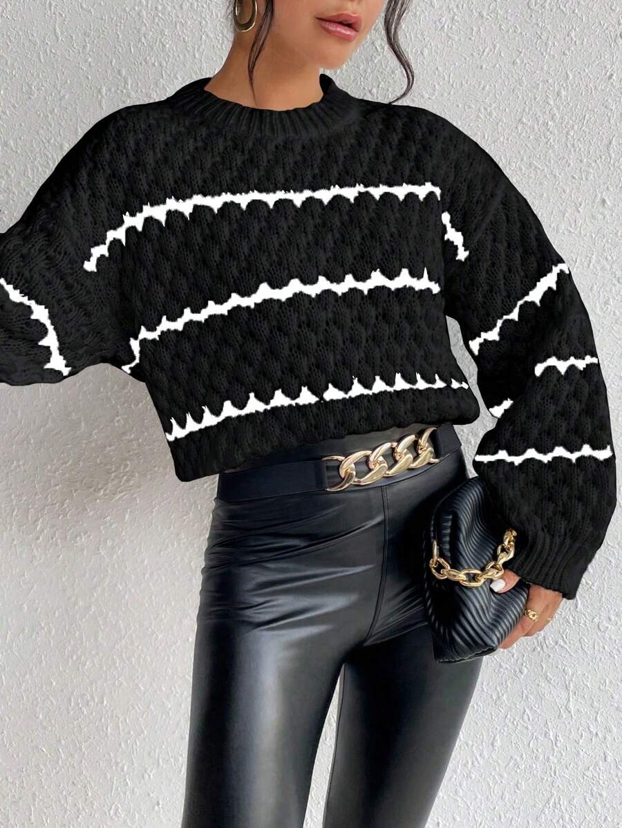 SHEIN Unity Striped Pattern Drop Shoulder Sweater,Long Sleeve Tops Knit Pullover Fall Winter Sweater