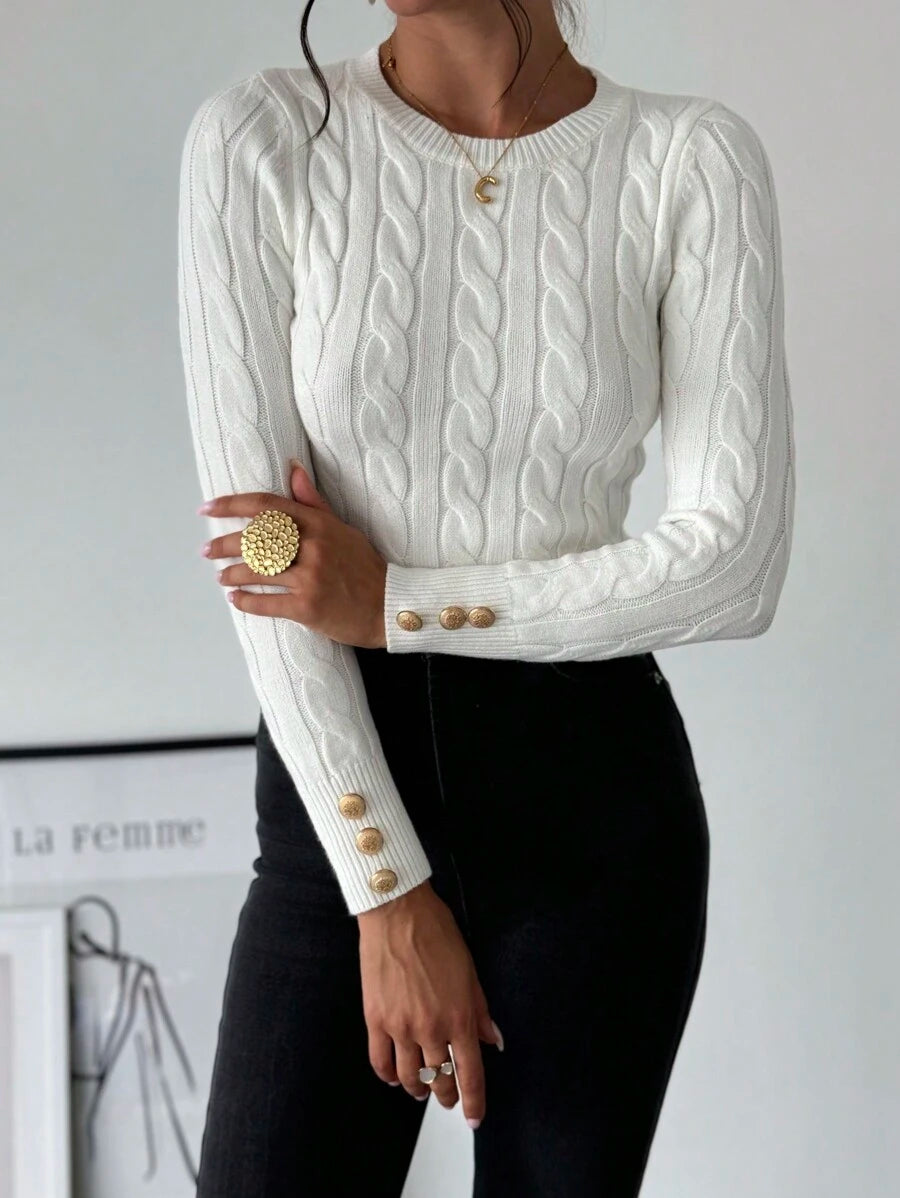 Firerie Women's Elegant Basic White Cable Knit Sweater,Autumn Brunch Crew Neck Long Sleeve Pullover,College Style Slim Fit Viscose Top,Business Casual Office