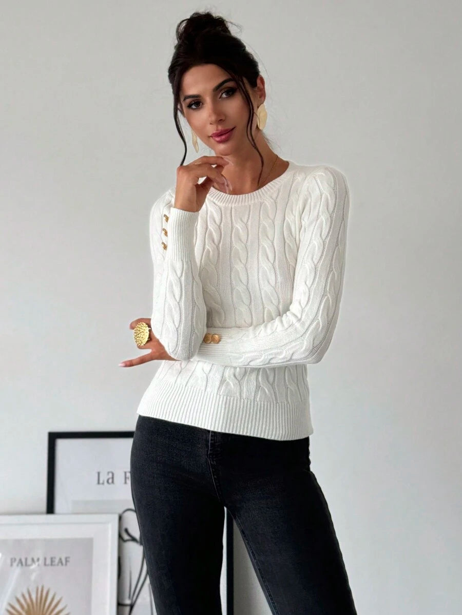 Firerie Women's Elegant Basic White Cable Knit Sweater,Autumn Brunch Crew Neck Long Sleeve Pullover,College Style Slim Fit Viscose Top,Business Casual Office