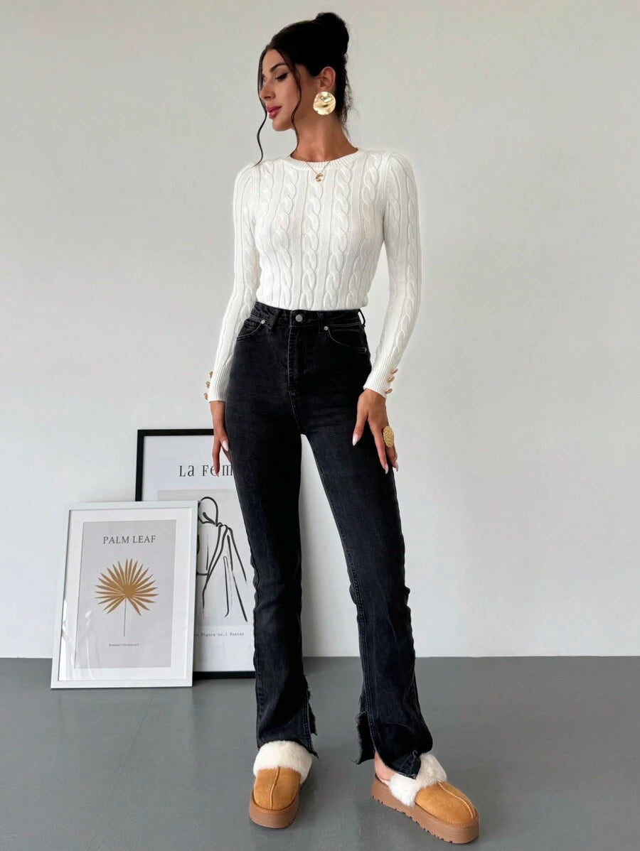Firerie Women's Elegant Basic White Cable Knit Sweater,Autumn Brunch Crew Neck Long Sleeve Pullover,College Style Slim Fit Viscose Top,Business Casual Office