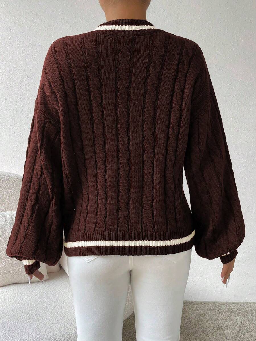 Sprig & Strand Striped Trim Cable Knit Drop Shoulder Sweater,Long Sleeve Tops Knit Pullover Fall Winter Sweater