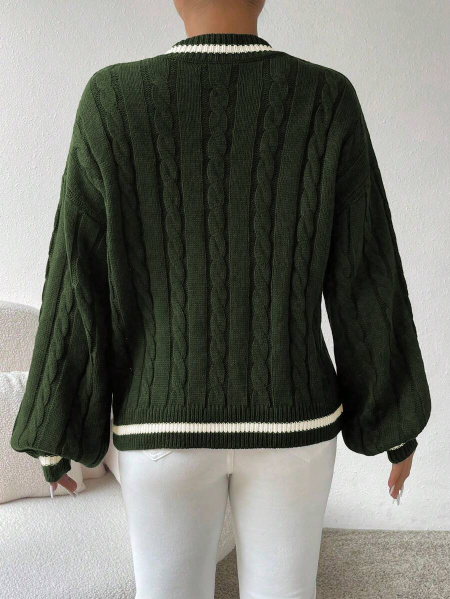 Sprig & Strand Striped Trim Cable Knit Drop Shoulder Sweater,Long Sleeve Tops Knit Pullover Fall Winter Sweater
