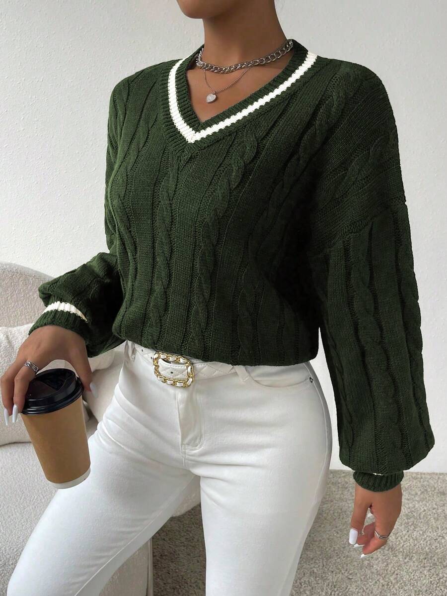 Sprig & Strand Striped Trim Cable Knit Drop Shoulder Sweater,Long Sleeve Tops Knit Pullover Fall Winter Sweater