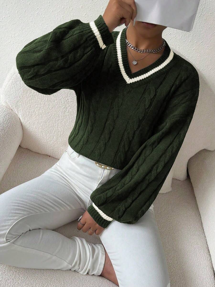 Sprig & Strand Striped Trim Cable Knit Drop Shoulder Sweater,Long Sleeve Tops Knit Pullover Fall Winter Sweater