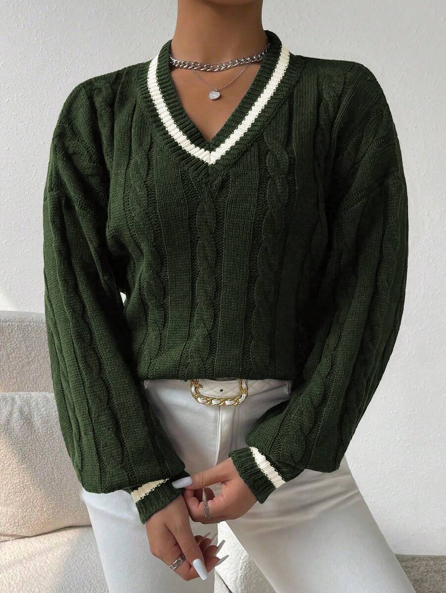 Sprig & Strand Striped Trim Cable Knit Drop Shoulder Sweater,Long Sleeve Tops Knit Pullover Fall Winter Sweater