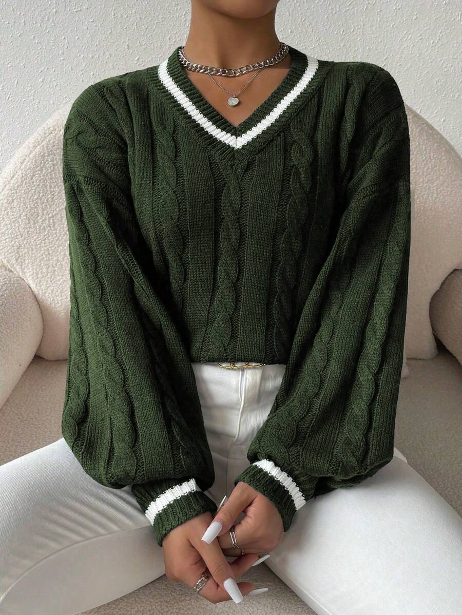 Sprig & Strand Striped Trim Cable Knit Drop Shoulder Sweater,Long Sleeve Tops Knit Pullover Fall Winter Sweater