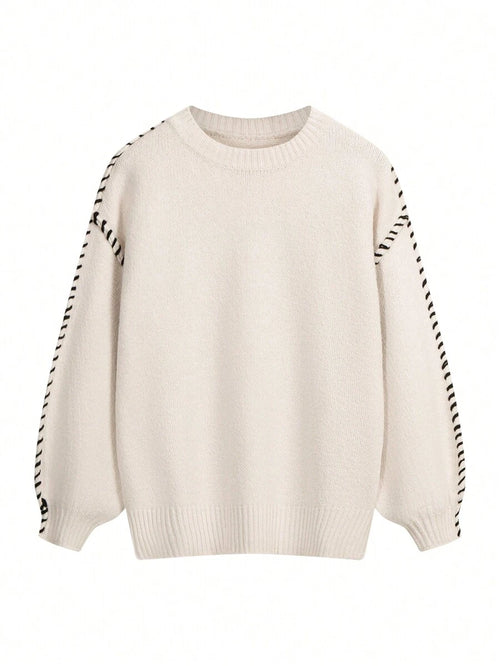 EAVA Autumn/Winter Chunky Knit Contrast Color Contrast Stitch Crew Neck Sweater For Women, Fluffy Warm Fabric, Vintage Pullover Knit Top Fall