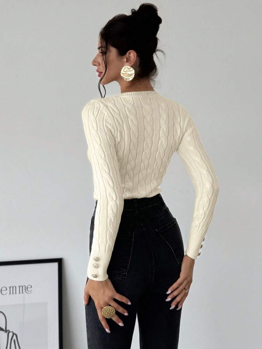 Firerie Women's Elegant Basic White Cable Knit Sweater,Autumn Brunch Crew Neck Long Sleeve Pullover,College Style Slim Fit Viscose Top,Business Casual Office