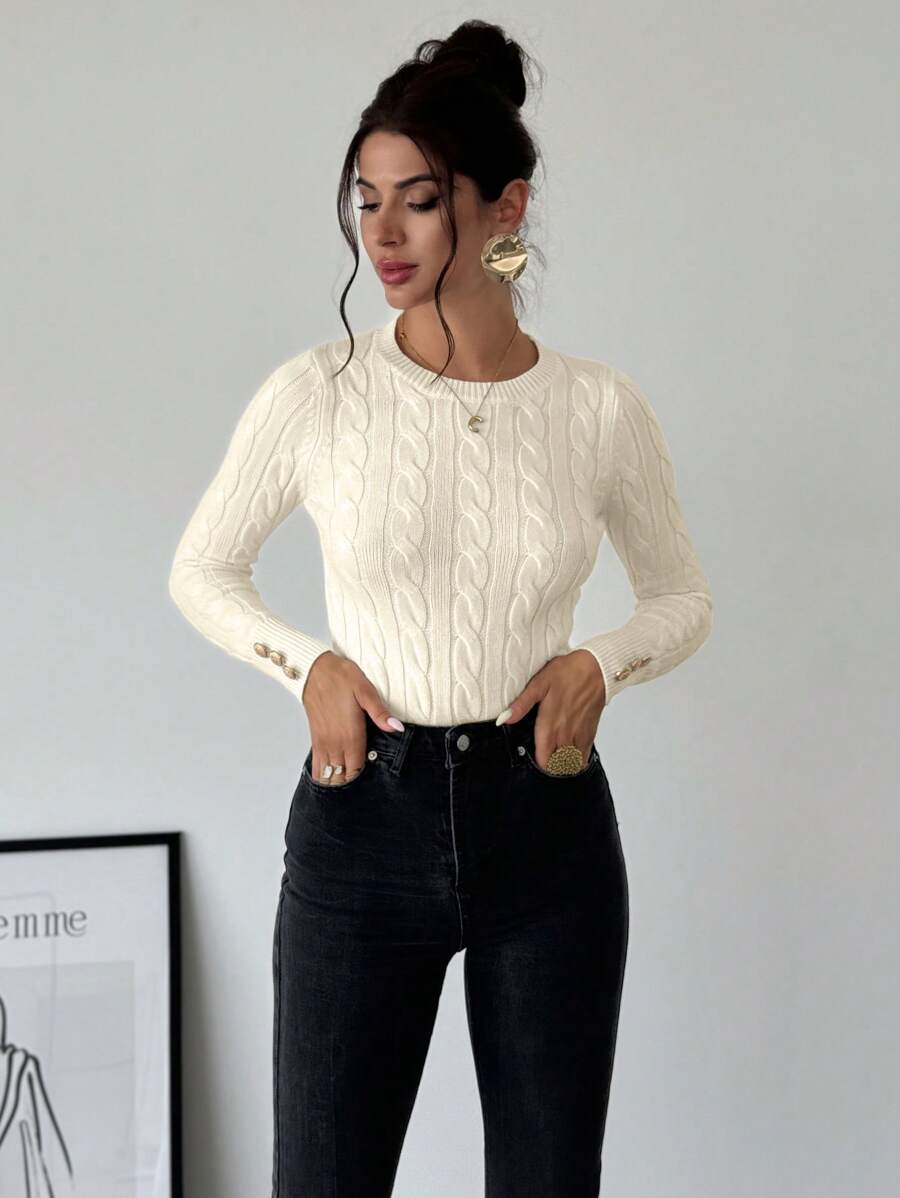 Firerie Women's Elegant Basic White Cable Knit Sweater,Autumn Brunch Crew Neck Long Sleeve Pullover,College Style Slim Fit Viscose Top,Business Casual Office