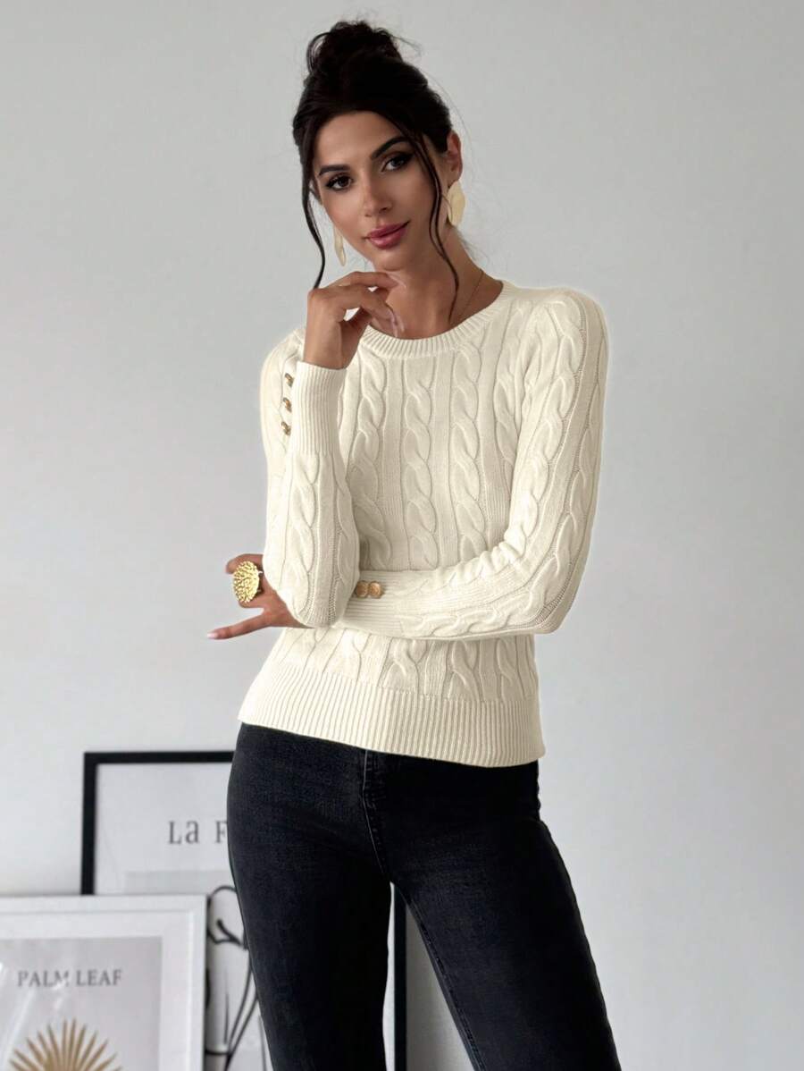 Firerie Women's Elegant Basic White Cable Knit Sweater,Autumn Brunch Crew Neck Long Sleeve Pullover,College Style Slim Fit Viscose Top,Business Casual Office