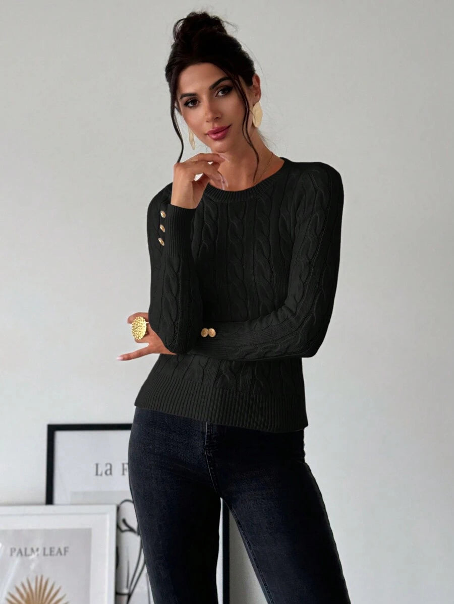Firerie Women's Elegant Basic White Cable Knit Sweater,Autumn Brunch Crew Neck Long Sleeve Pullover,College Style Slim Fit Viscose Top,Business Casual Office
