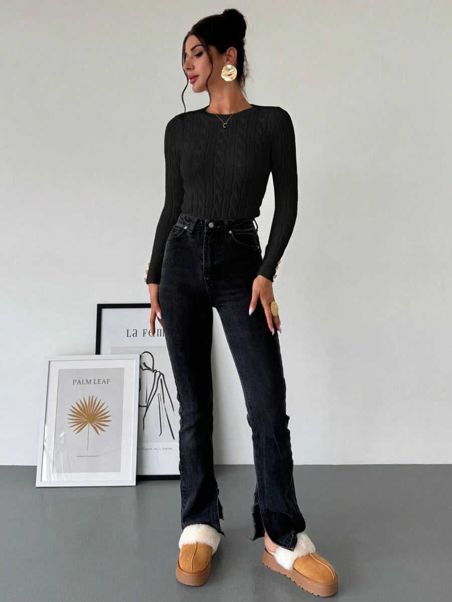 Firerie Women's Elegant Basic White Cable Knit Sweater,Autumn Brunch Crew Neck Long Sleeve Pullover,College Style Slim Fit Viscose Top,Business Casual Office
