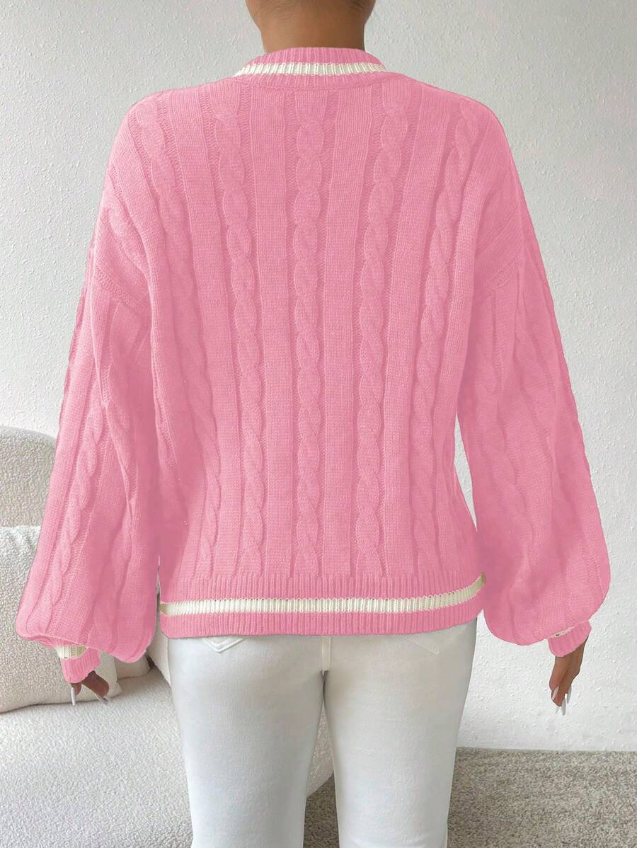 Sprig & Strand Striped Trim Cable Knit Drop Shoulder Sweater,Long Sleeve Tops Knit Pullover Fall Winter Sweater