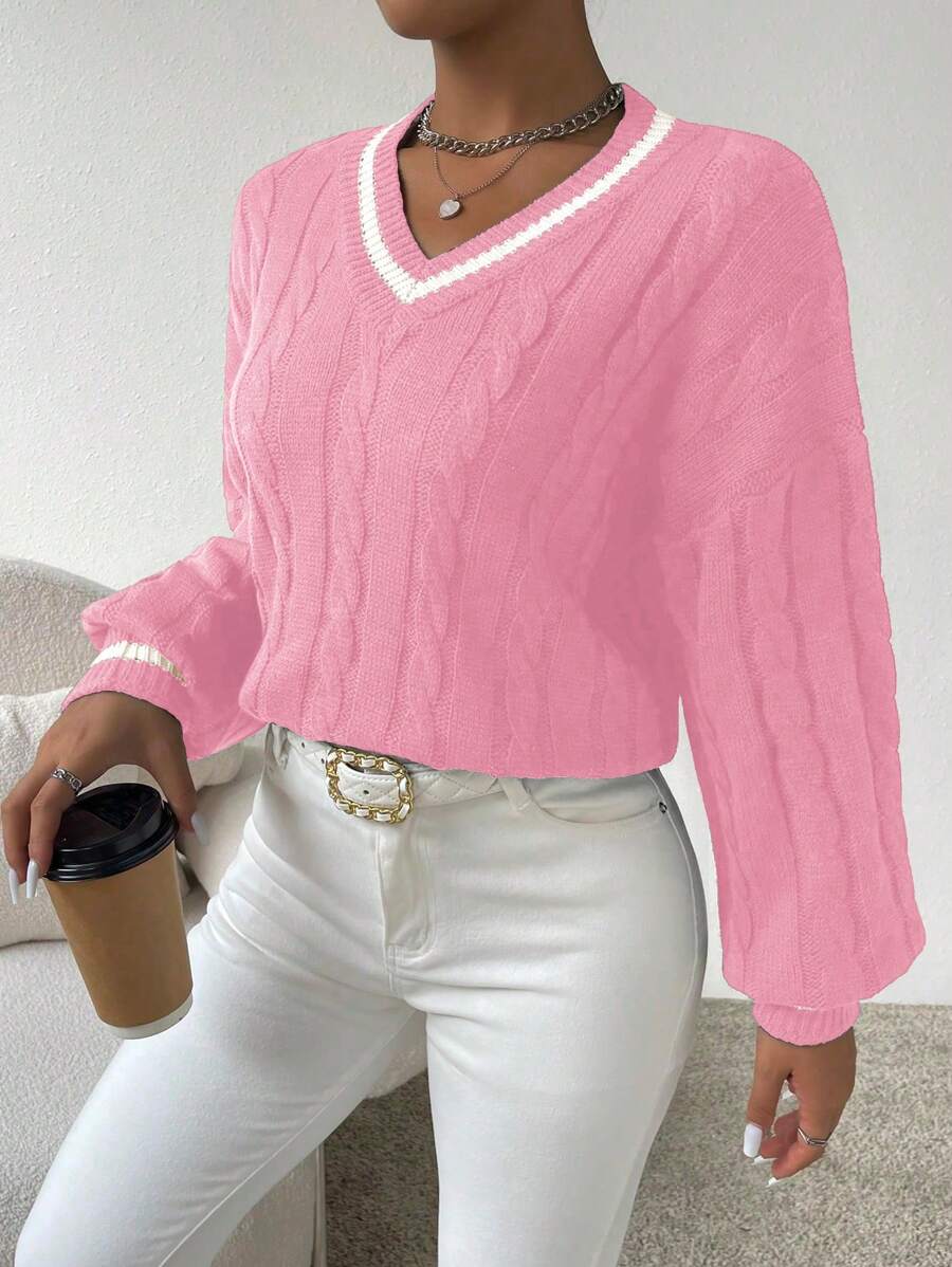 Sprig & Strand Striped Trim Cable Knit Drop Shoulder Sweater,Long Sleeve Tops Knit Pullover Fall Winter Sweater