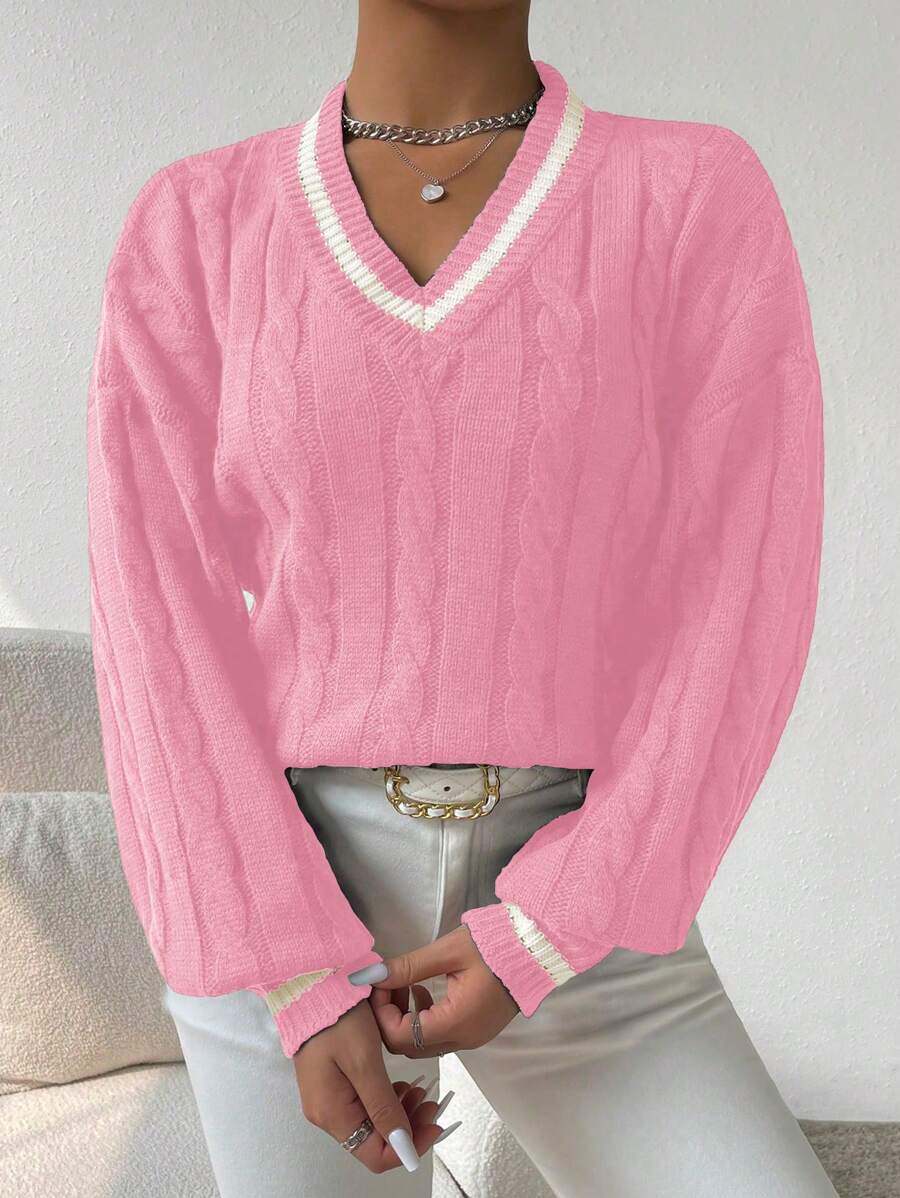 Sprig & Strand Striped Trim Cable Knit Drop Shoulder Sweater,Long Sleeve Tops Knit Pullover Fall Winter Sweater