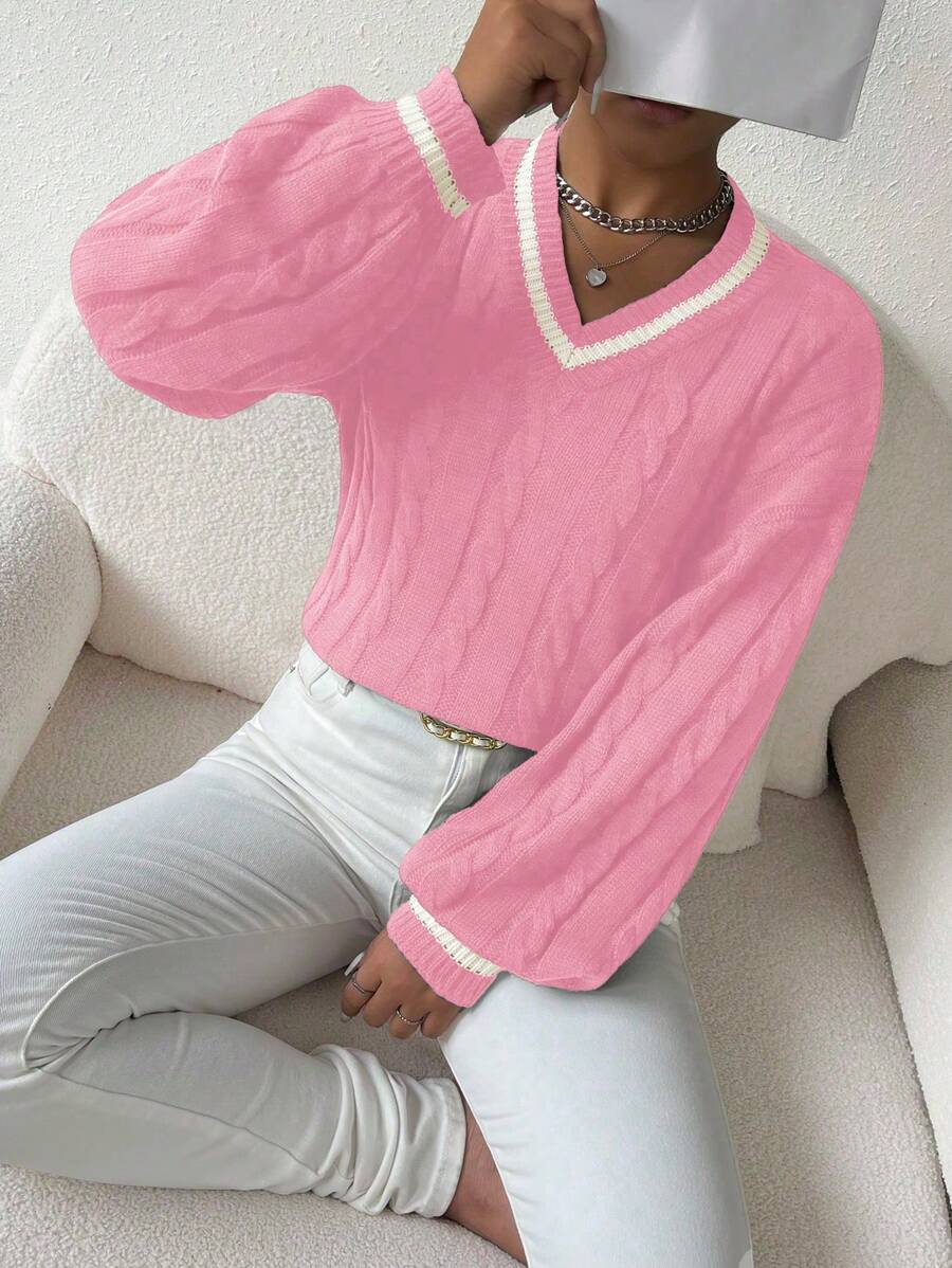 Sprig & Strand Striped Trim Cable Knit Drop Shoulder Sweater,Long Sleeve Tops Knit Pullover Fall Winter Sweater