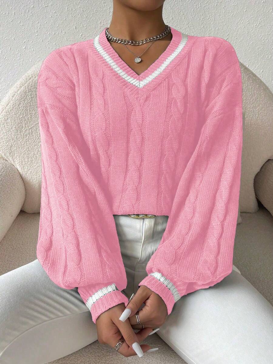 Sprig & Strand Striped Trim Cable Knit Drop Shoulder Sweater,Long Sleeve Tops Knit Pullover Fall Winter Sweater