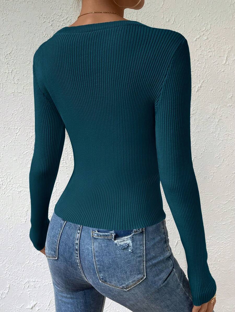 EMERY ROSE Solid Ribbed Knit Sweater,Long Sleeve Tops Knit Pullover Fall Winter Sweater