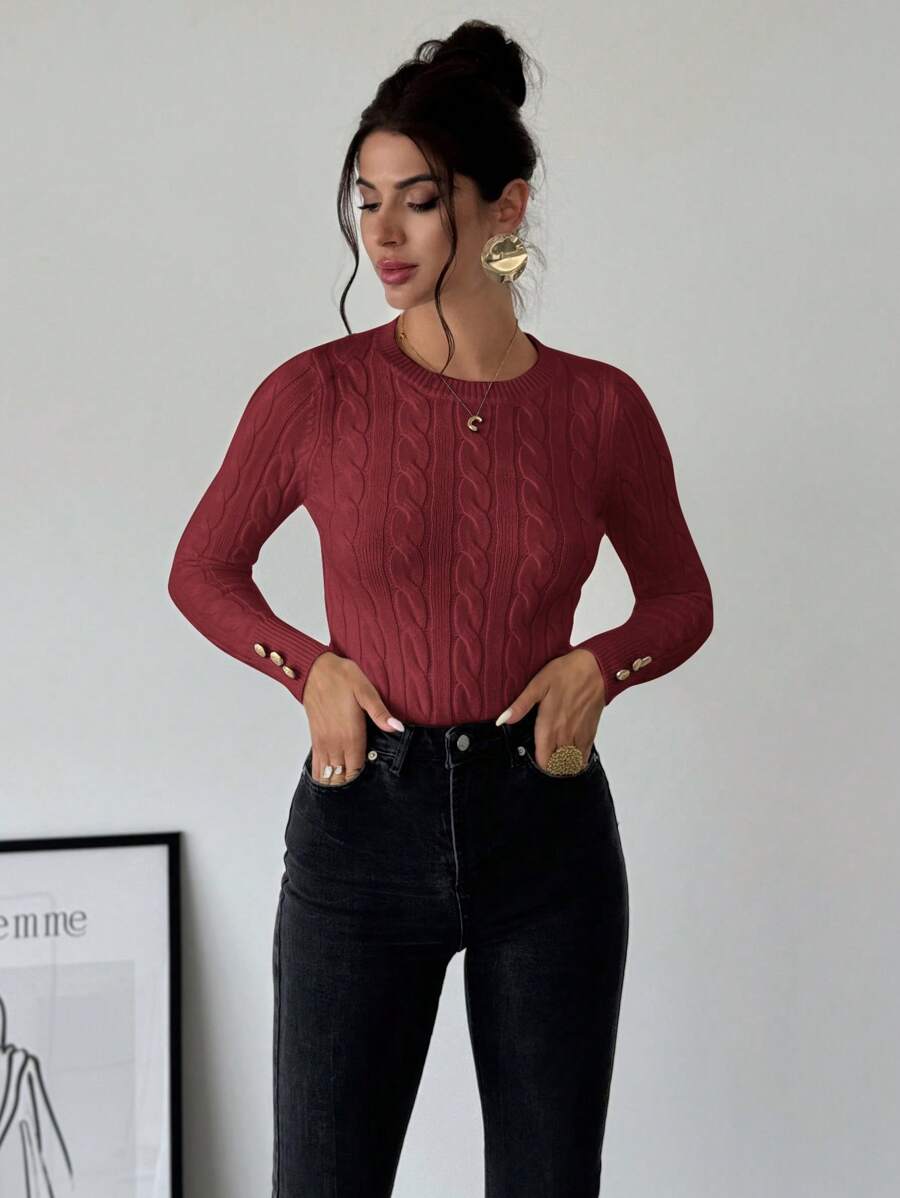 Firerie Women's Elegant Basic White Cable Knit Sweater,Autumn Brunch Crew Neck Long Sleeve Pullover,College Style Slim Fit Viscose Top,Business Casual Office
