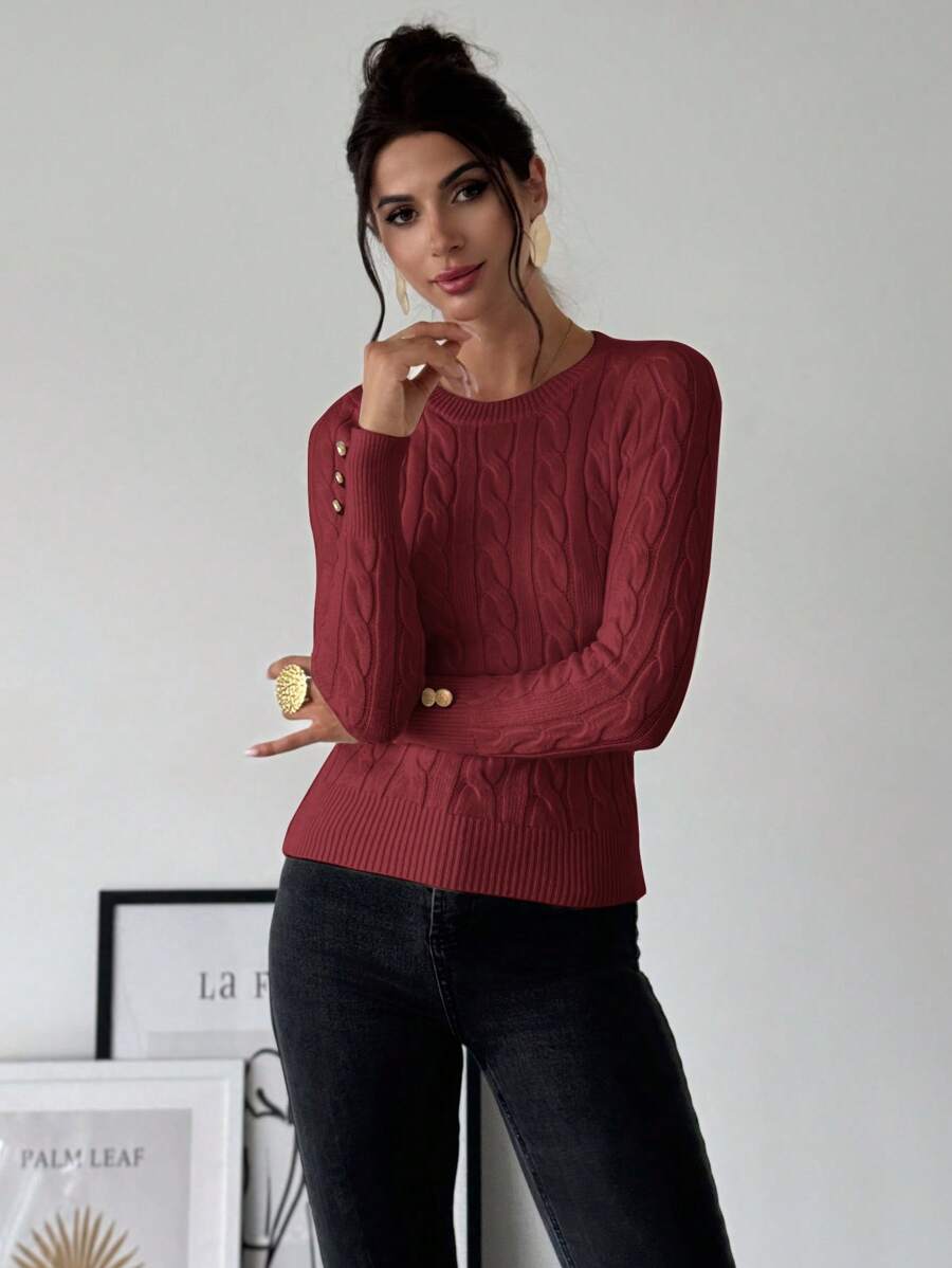 Firerie Women's Elegant Basic White Cable Knit Sweater,Autumn Brunch Crew Neck Long Sleeve Pullover,College Style Slim Fit Viscose Top,Business Casual Office