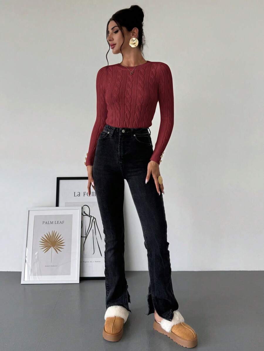 Firerie Women's Elegant Basic White Cable Knit Sweater,Autumn Brunch Crew Neck Long Sleeve Pullover,College Style Slim Fit Viscose Top,Business Casual Office