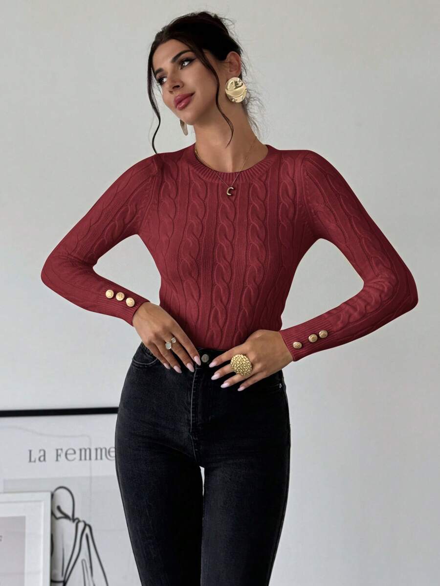 Firerie Women's Elegant Basic White Cable Knit Sweater,Autumn Brunch Crew Neck Long Sleeve Pullover,College Style Slim Fit Viscose Top,Business Casual Office
