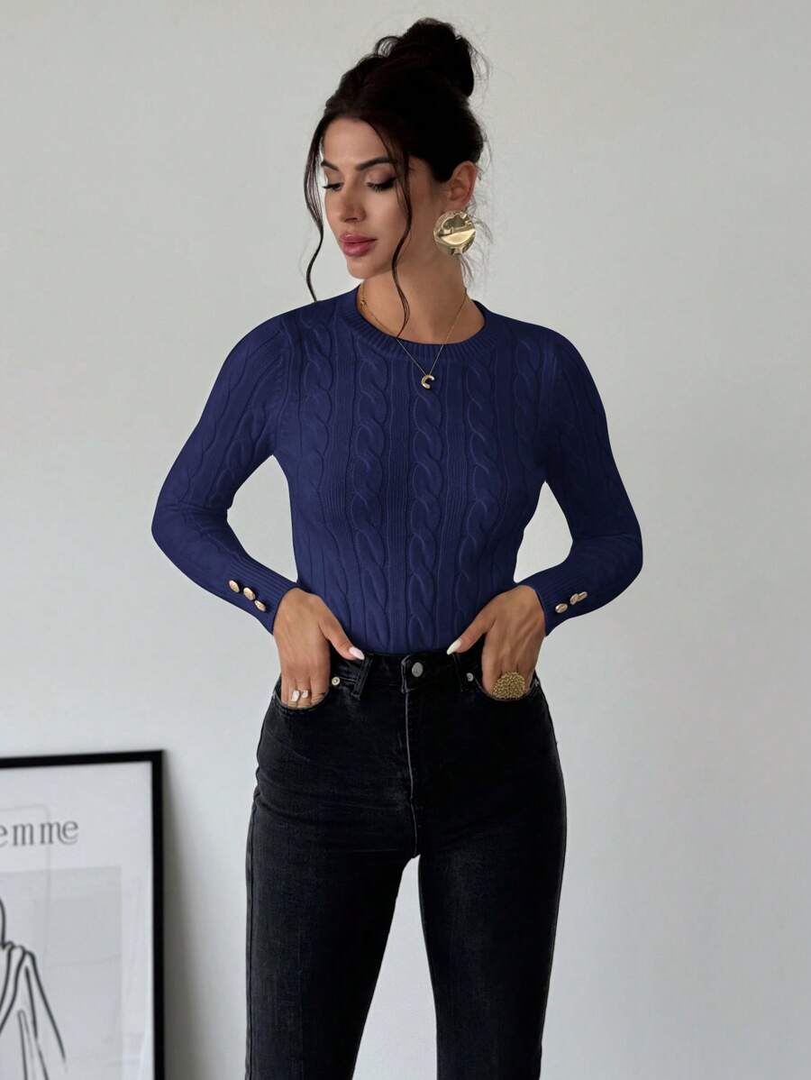 Firerie Women's Elegant Basic White Cable Knit Sweater,Autumn Brunch Crew Neck Long Sleeve Pullover,College Style Slim Fit Viscose Top,Business Casual Office