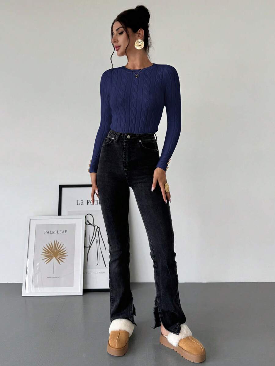 Firerie Women's Elegant Basic White Cable Knit Sweater,Autumn Brunch Crew Neck Long Sleeve Pullover,College Style Slim Fit Viscose Top,Business Casual Office