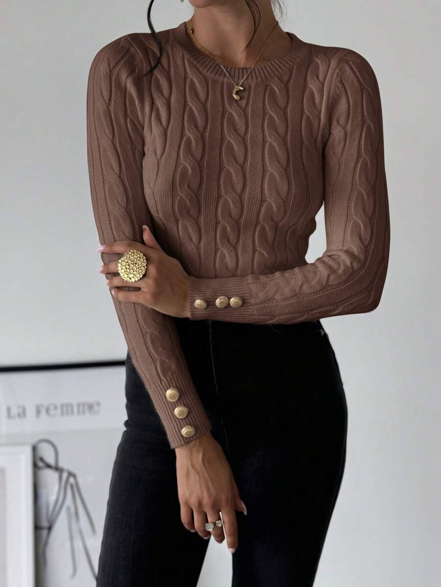 Firerie Women's Elegant Basic White Cable Knit Sweater,Autumn Brunch Crew Neck Long Sleeve Pullover,College Style Slim Fit Viscose Top,Business Casual Office