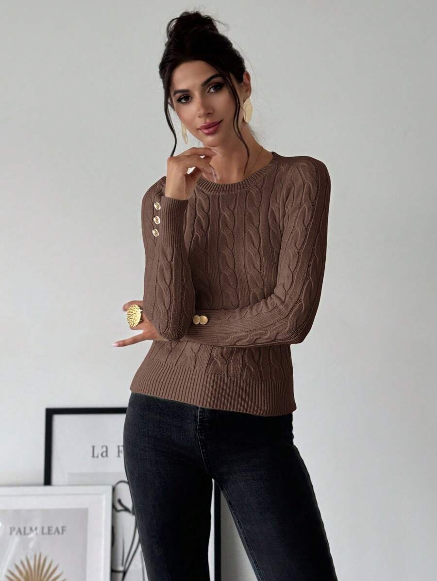 Firerie Women's Elegant Basic White Cable Knit Sweater,Autumn Brunch Crew Neck Long Sleeve Pullover,College Style Slim Fit Viscose Top,Business Casual Office