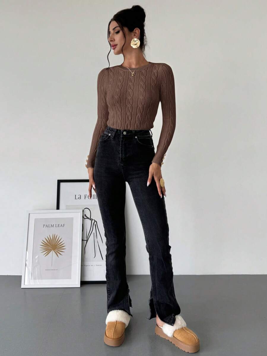 Firerie Women's Elegant Basic White Cable Knit Sweater,Autumn Brunch Crew Neck Long Sleeve Pullover,College Style Slim Fit Viscose Top,Business Casual Office