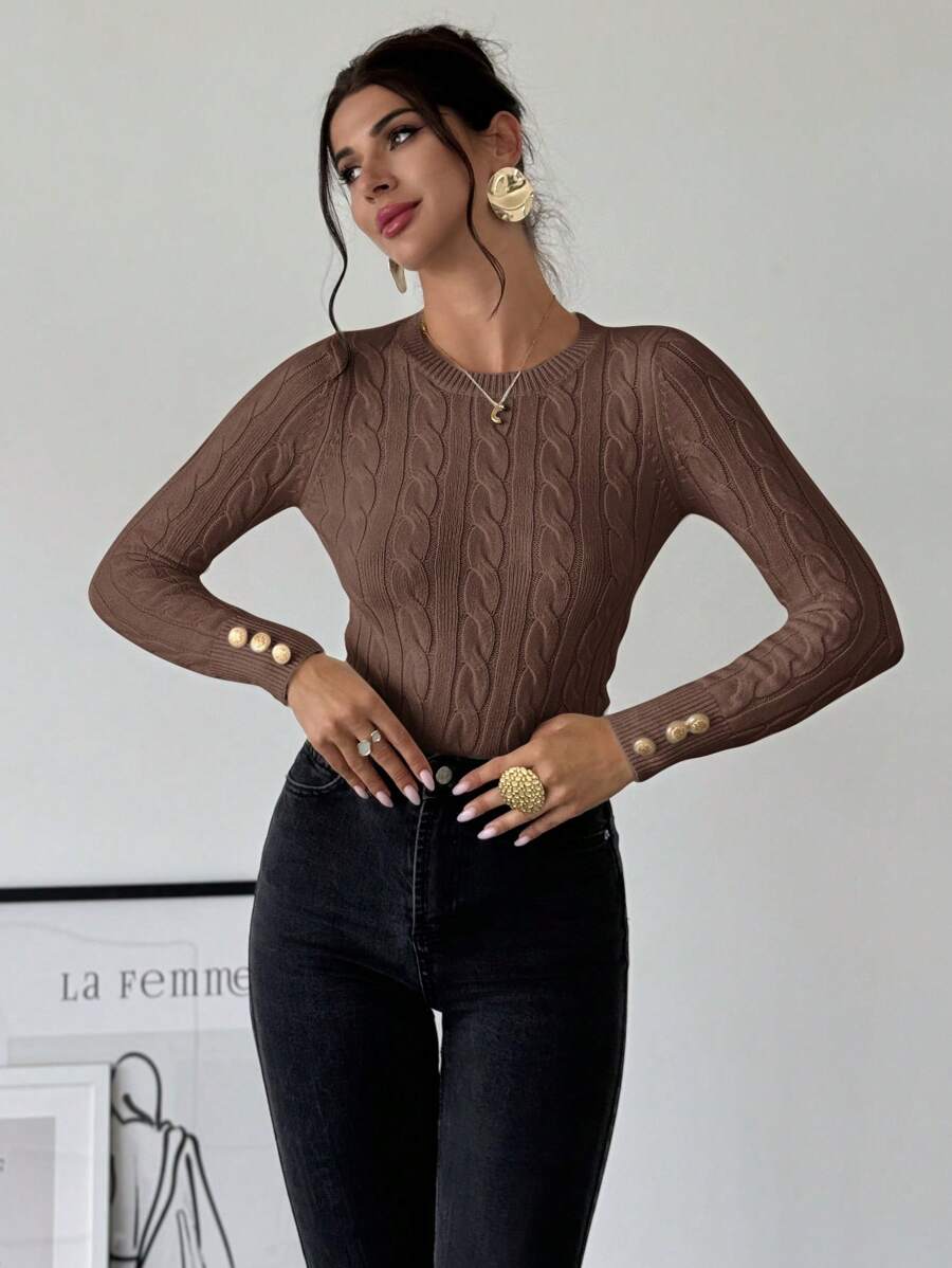 Firerie Women's Elegant Basic White Cable Knit Sweater,Autumn Brunch Crew Neck Long Sleeve Pullover,College Style Slim Fit Viscose Top,Business Casual Office
