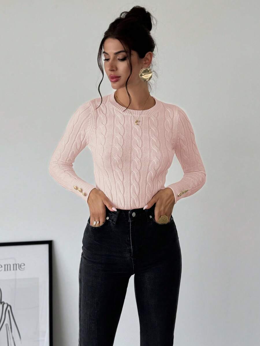Firerie Women's Elegant Basic White Cable Knit Sweater,Autumn Brunch Crew Neck Long Sleeve Pullover,College Style Slim Fit Viscose Top,Business Casual Office