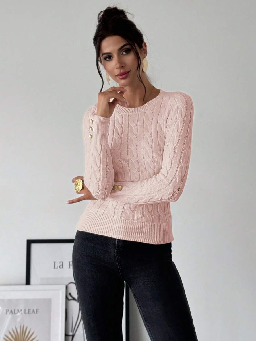 Firerie Women's Elegant Basic White Cable Knit Sweater,Autumn Brunch Crew Neck Long Sleeve Pullover,College Style Slim Fit Viscose Top,Business Casual Office