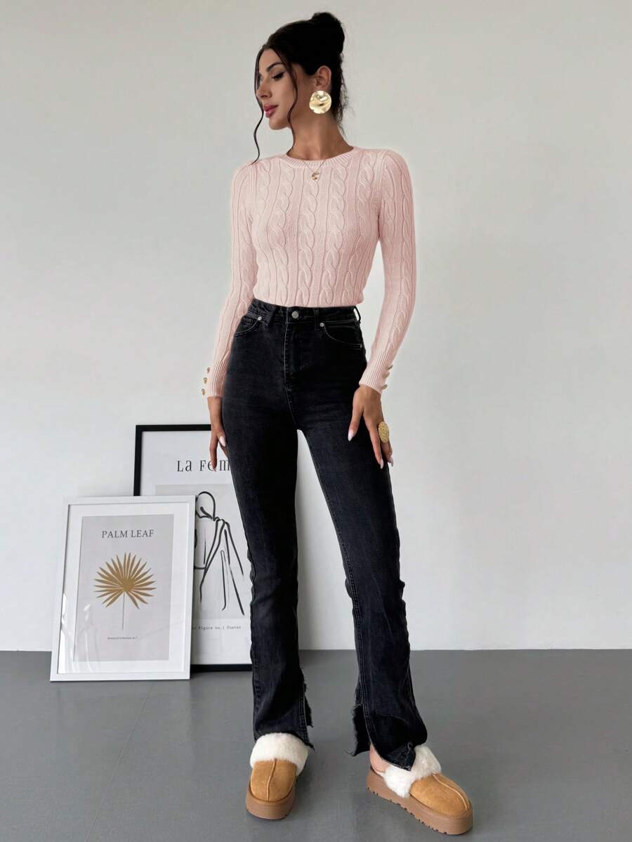 Firerie Women's Elegant Basic White Cable Knit Sweater,Autumn Brunch Crew Neck Long Sleeve Pullover,College Style Slim Fit Viscose Top,Business Casual Office