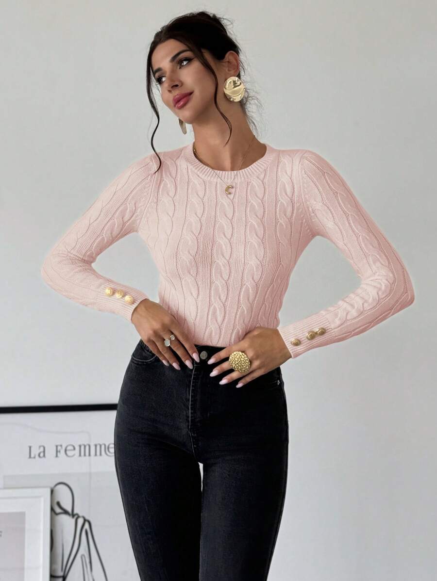 Firerie Women's Elegant Basic White Cable Knit Sweater,Autumn Brunch Crew Neck Long Sleeve Pullover,College Style Slim Fit Viscose Top,Business Casual Office