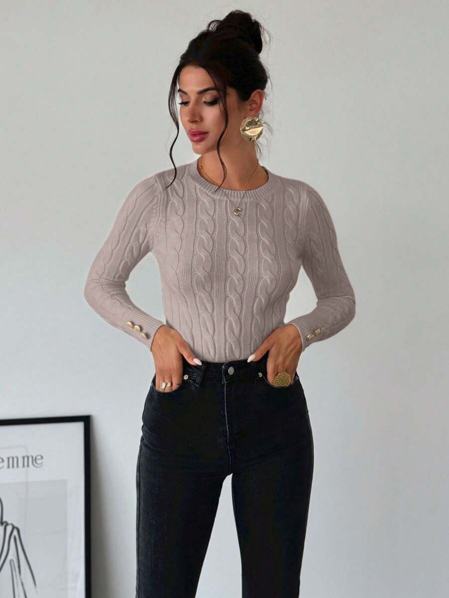Firerie Women's Elegant Basic White Cable Knit Sweater,Autumn Brunch Crew Neck Long Sleeve Pullover,College Style Slim Fit Viscose Top,Business Casual Office
