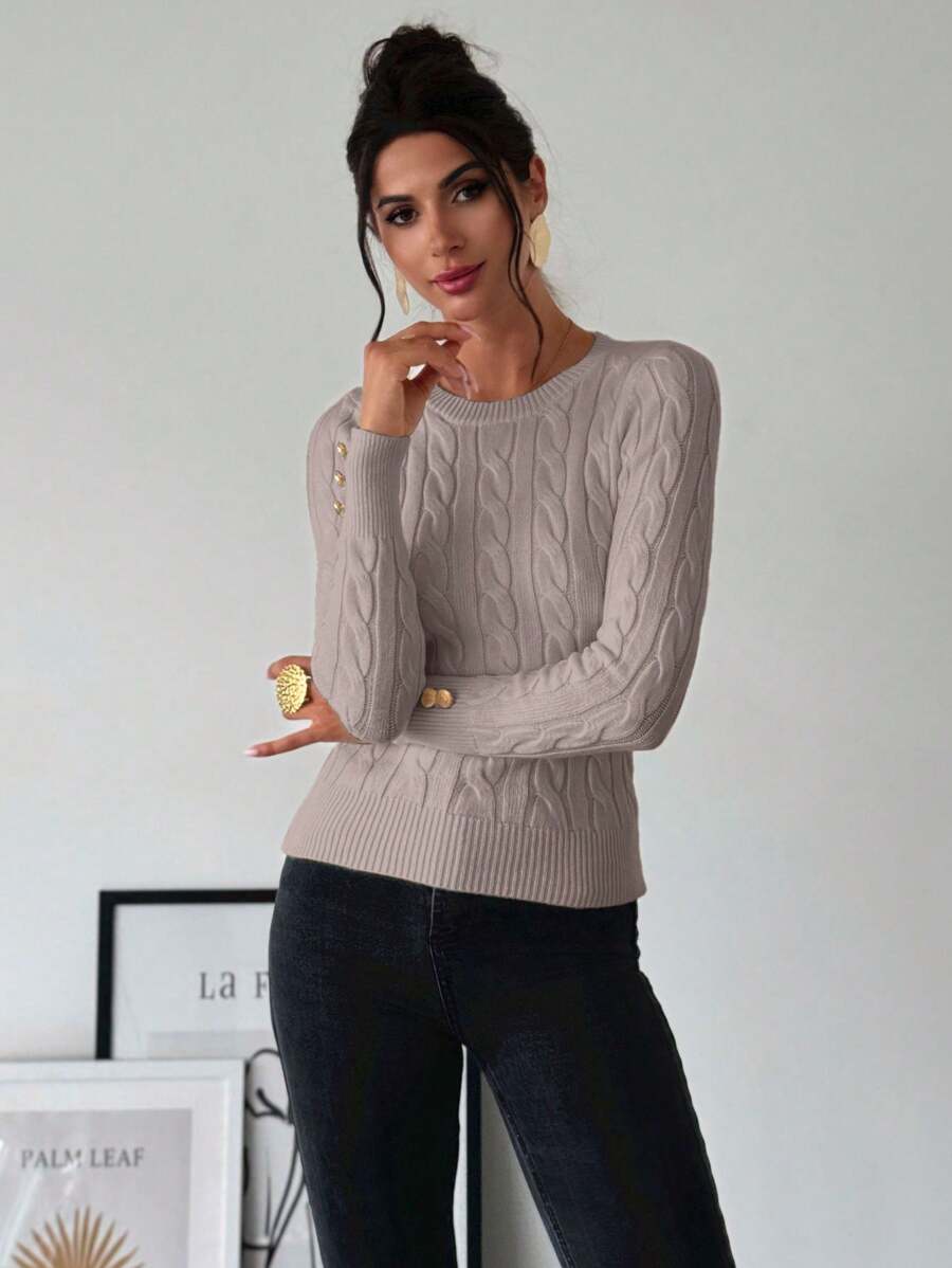 Firerie Women's Elegant Basic White Cable Knit Sweater,Autumn Brunch Crew Neck Long Sleeve Pullover,College Style Slim Fit Viscose Top,Business Casual Office