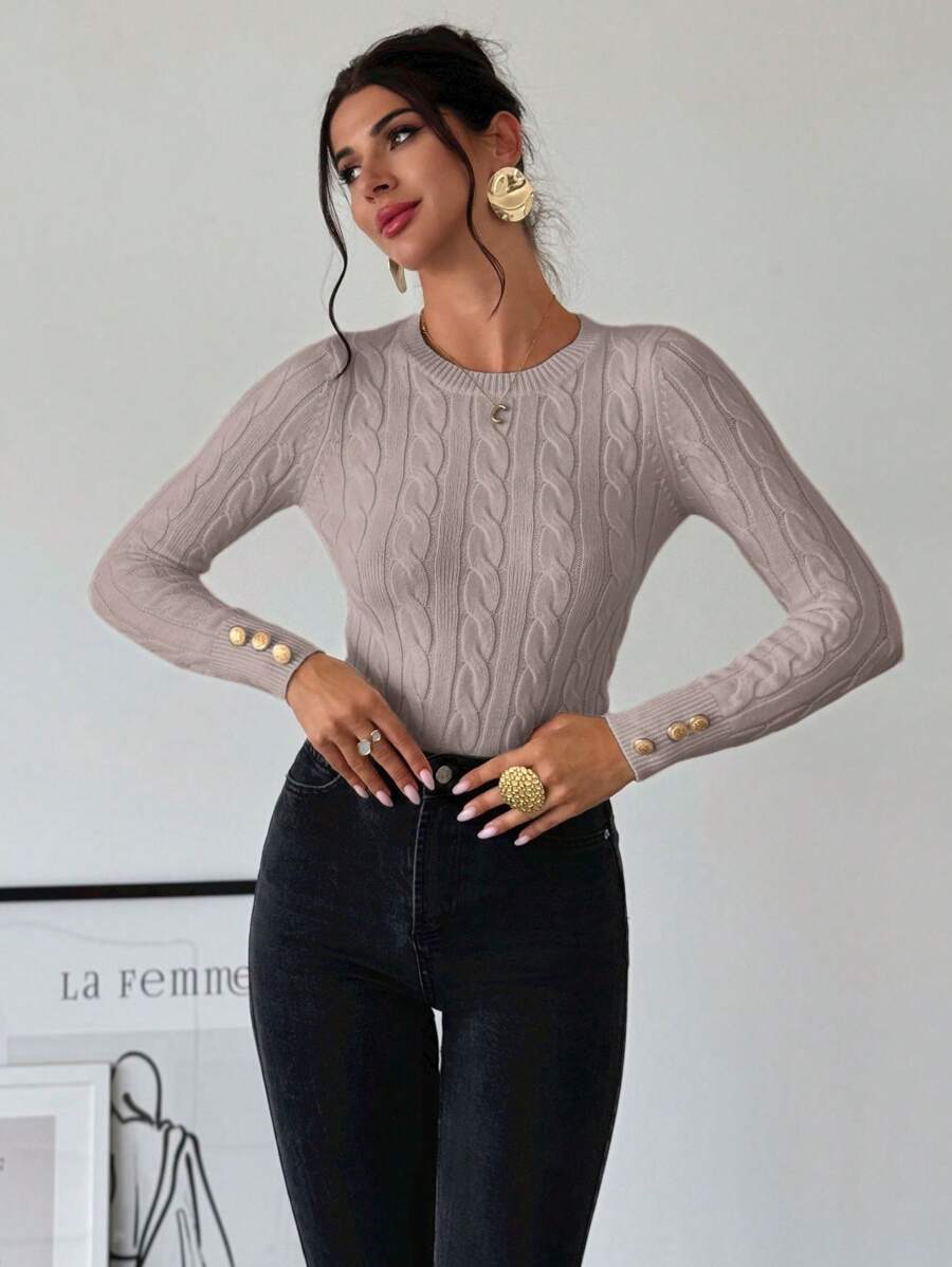 Firerie Women's Elegant Basic White Cable Knit Sweater,Autumn Brunch Crew Neck Long Sleeve Pullover,College Style Slim Fit Viscose Top,Business Casual Office