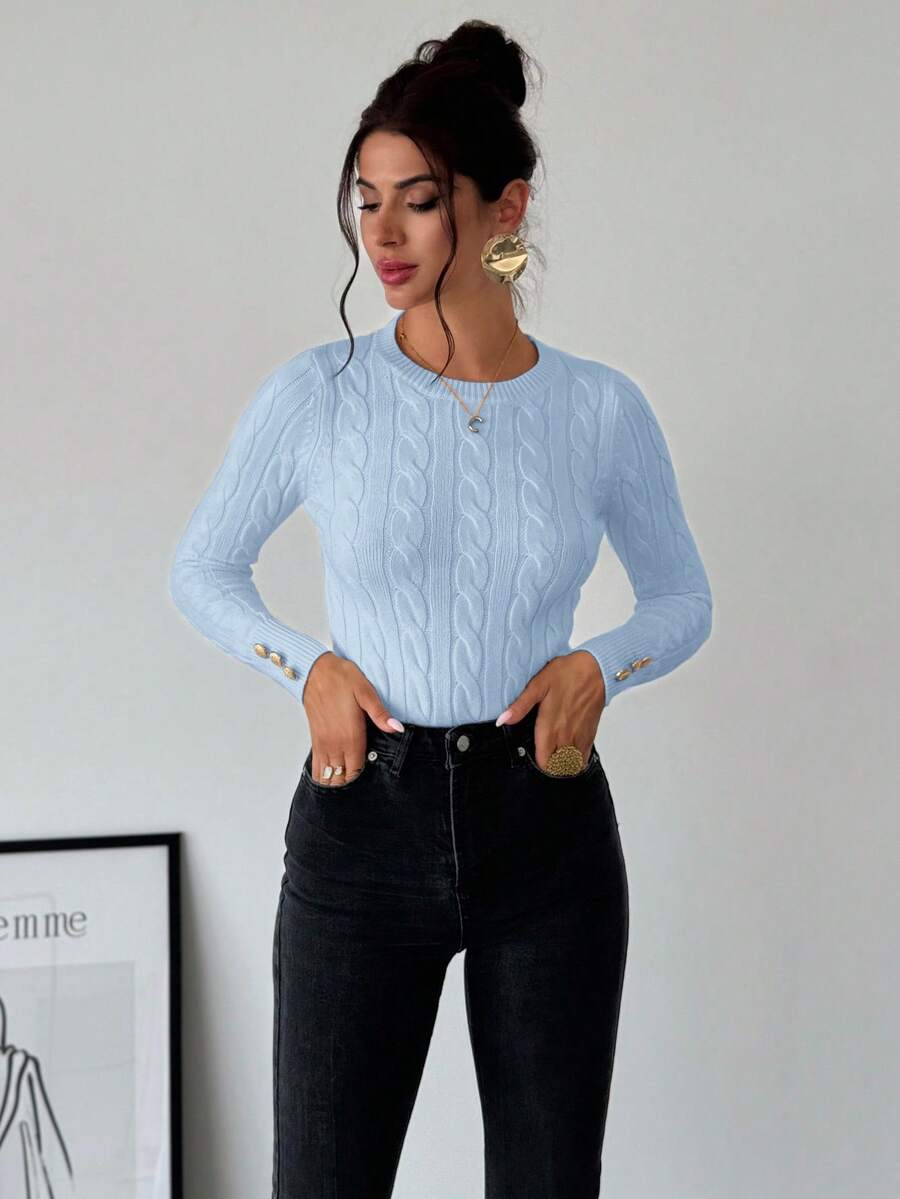 Firerie Women's Elegant Basic White Cable Knit Sweater,Autumn Brunch Crew Neck Long Sleeve Pullover,College Style Slim Fit Viscose Top,Business Casual Office