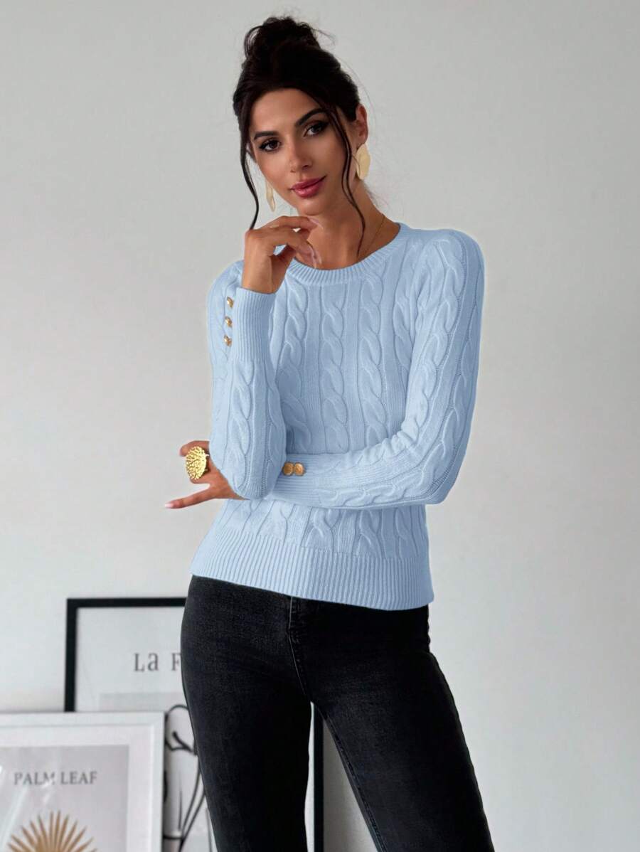 Firerie Women's Elegant Basic White Cable Knit Sweater,Autumn Brunch Crew Neck Long Sleeve Pullover,College Style Slim Fit Viscose Top,Business Casual Office
