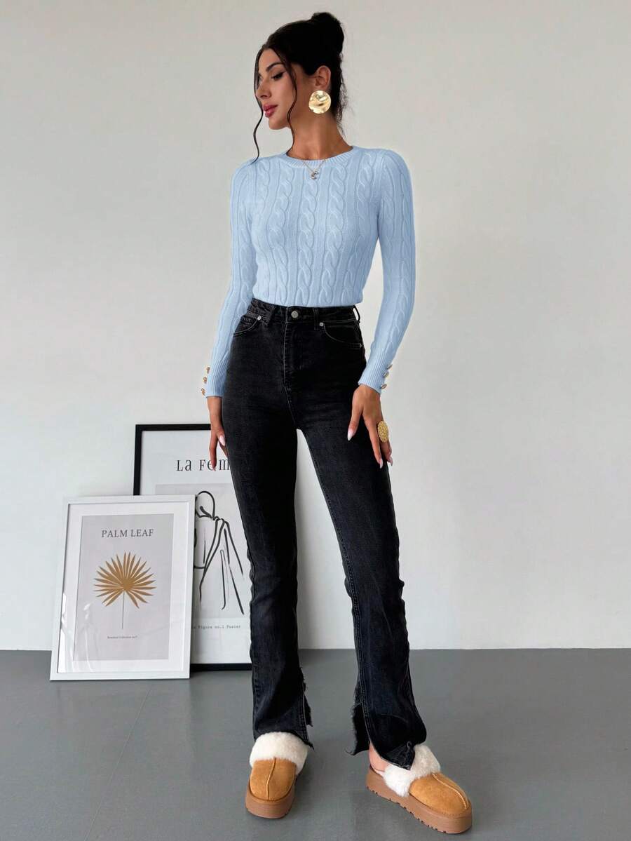 Firerie Women's Elegant Basic White Cable Knit Sweater,Autumn Brunch Crew Neck Long Sleeve Pullover,College Style Slim Fit Viscose Top,Business Casual Office
