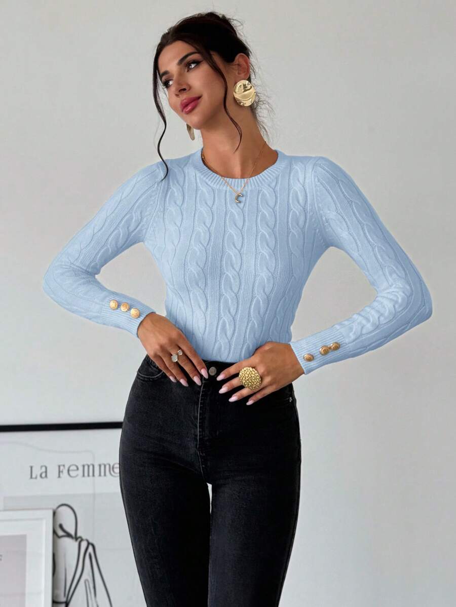 Firerie Women's Elegant Basic White Cable Knit Sweater,Autumn Brunch Crew Neck Long Sleeve Pullover,College Style Slim Fit Viscose Top,Business Casual Office