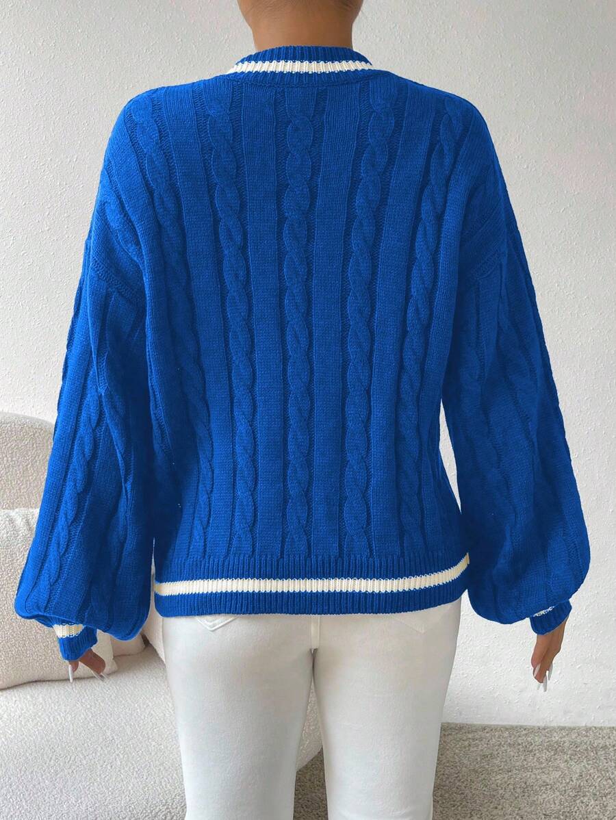 Sprig & Strand Striped Trim Cable Knit Drop Shoulder Sweater,Long Sleeve Tops Knit Pullover Fall Winter Sweater
