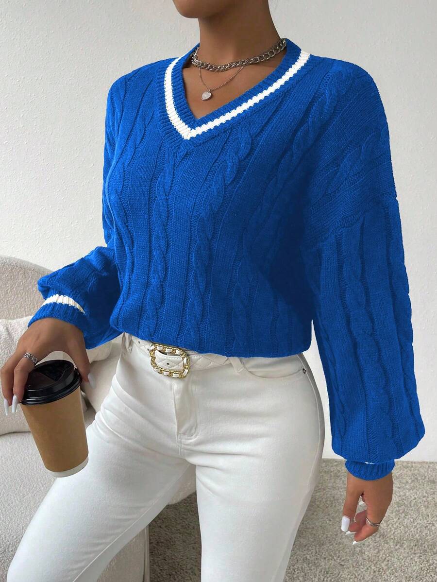 Sprig & Strand Striped Trim Cable Knit Drop Shoulder Sweater,Long Sleeve Tops Knit Pullover Fall Winter Sweater
