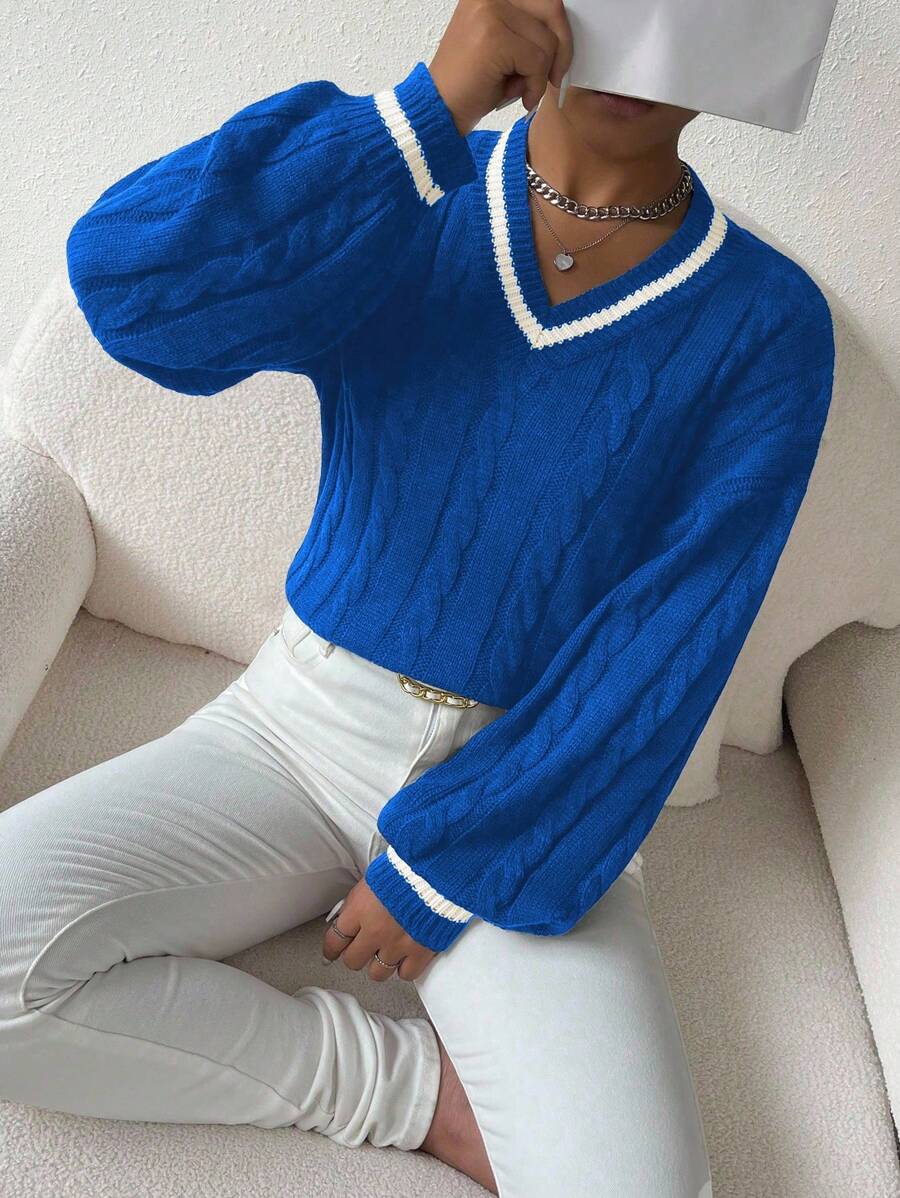 Sprig & Strand Striped Trim Cable Knit Drop Shoulder Sweater,Long Sleeve Tops Knit Pullover Fall Winter Sweater
