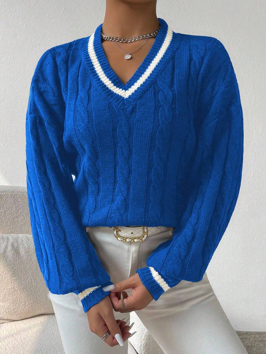 Sprig & Strand Striped Trim Cable Knit Drop Shoulder Sweater,Long Sleeve Tops Knit Pullover Fall Winter Sweater