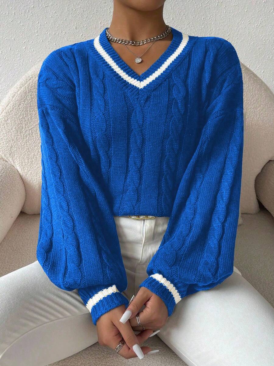 Sprig & Strand Striped Trim Cable Knit Drop Shoulder Sweater,Long Sleeve Tops Knit Pullover Fall Winter Sweater